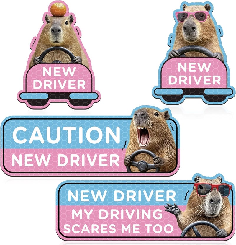 CNhoqc New Student Driver Magnet - 4pcs Cute Capybaras Please Be Patient Student Novice Driver Magnetic Reflective Bumper Sticker Safety Attention Signs Reusable Movable Car Magnet Safety Warning - Image 1